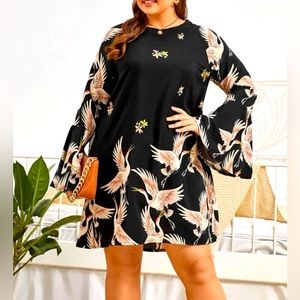 Clasi Plus Crane Print Flounce Sleeve Dress
